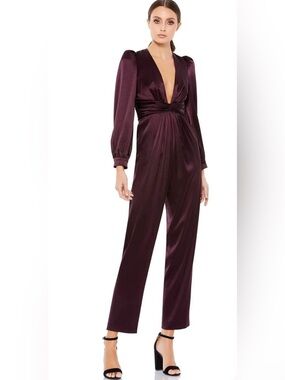 NWT Ieena for Mac Duggal Plum Satin Twist Front Puff Sleeve Jumpsuit Size 6